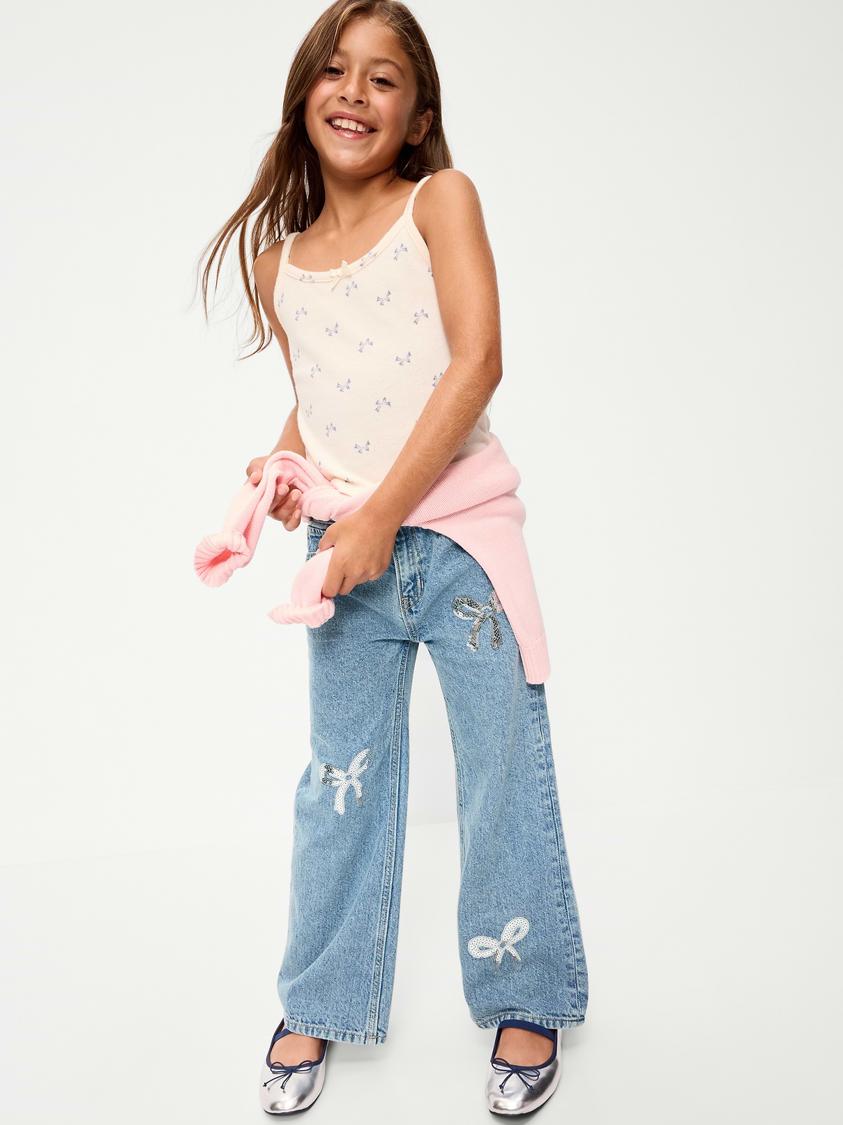 Image 3 of 5, High-Waisted Baggy Embellished Wide-Leg Jeans for Girls