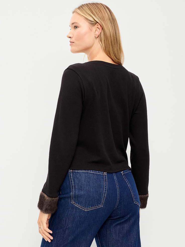 Image 7 of 9, Long-Sleeve Faux-Fur Cuff Tie-Front Top