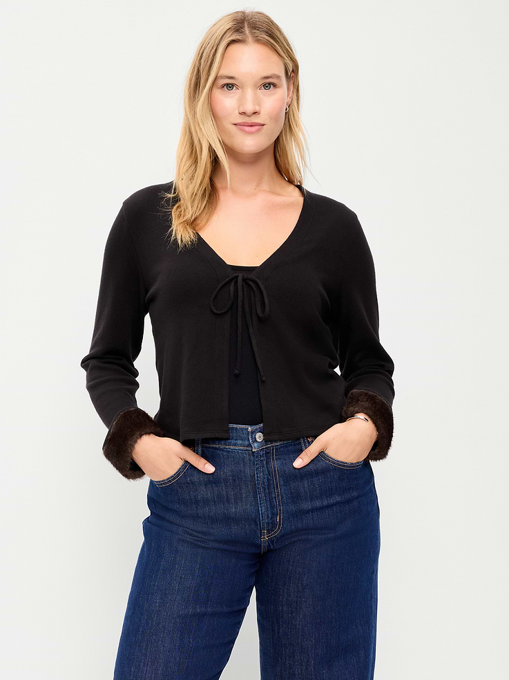 Image 6 of 9, Long-Sleeve Faux-Fur Cuff Tie-Front Top