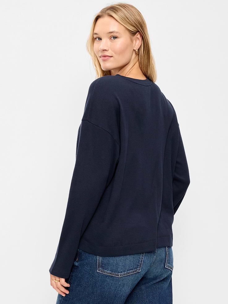 Image 5 of 7, Vintage Long-Sleeve Waffle Knit Crew-Neck T-Shirt