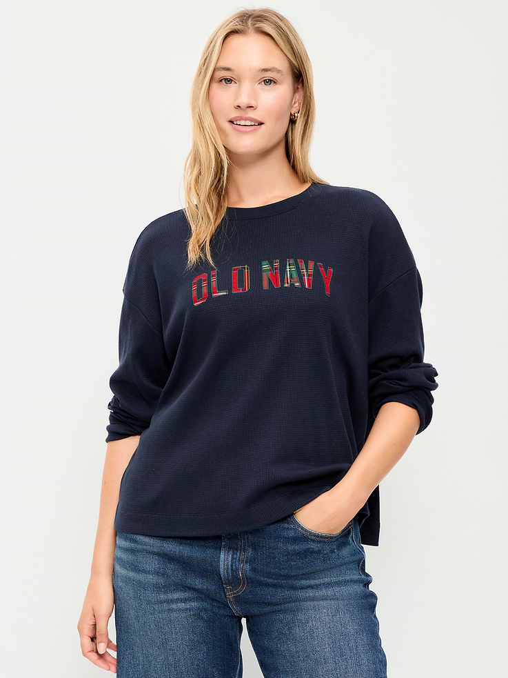 Image 4 of 7, Vintage Long-Sleeve Waffle Knit Crew-Neck T-Shirt