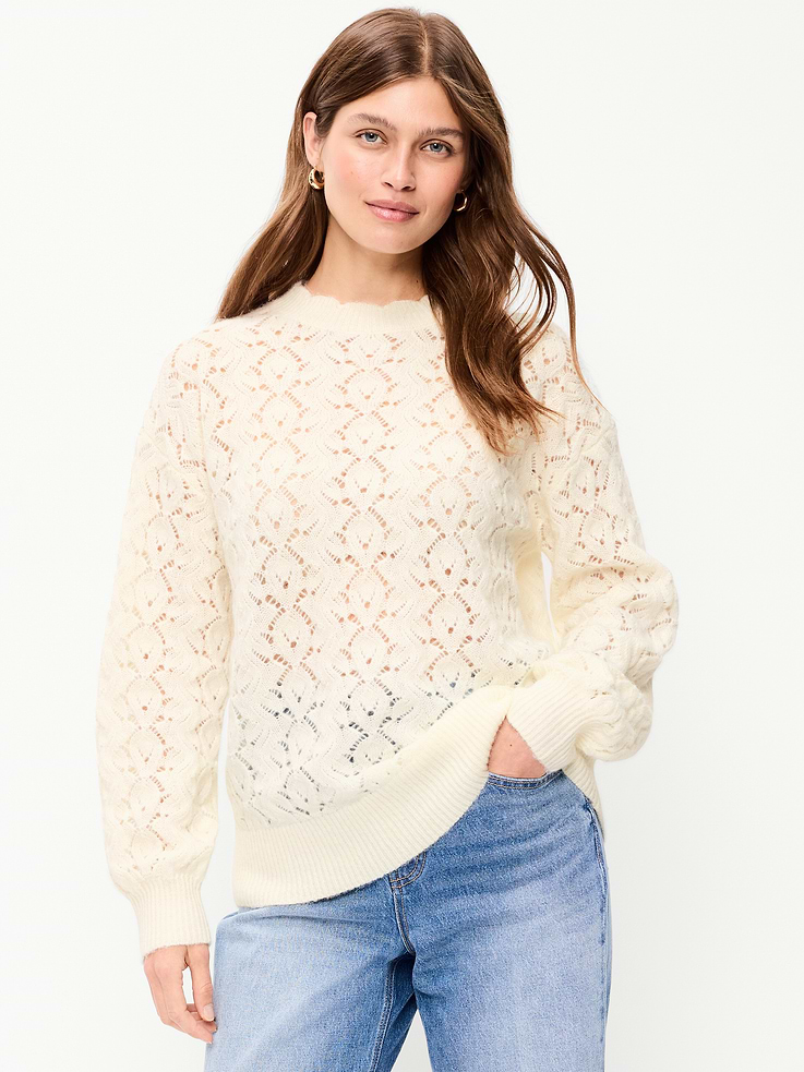 Image 3 of 4, Pointelle Crew-Neck Tunic Sweater
