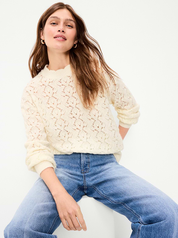 Pointelle Crew-Neck Tunic Sweater