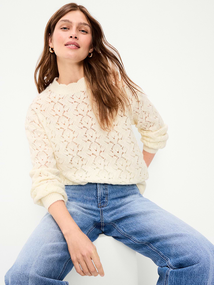 Image 1 of 4, scalloped crew neck, long sleeves, rib-knit cuffs, pullover style, Product #903842