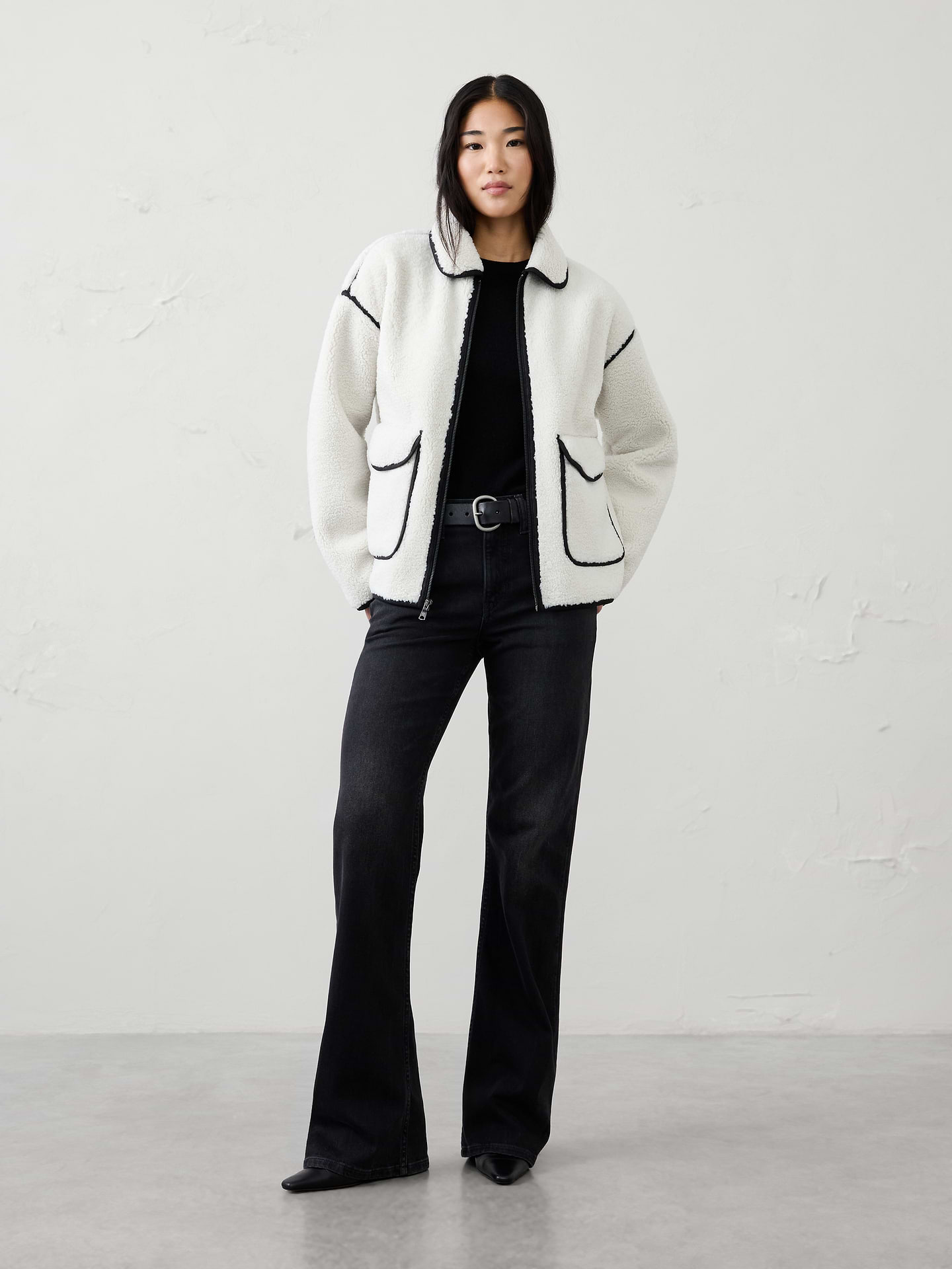 Image 1 of 4, Rounded collar. Long sleeves., Drop shoulders., Zip-front closure., Large flap patch front pockets., Features contrast binding detail., Made exclusively for Banana Republic Factory., Product #1178071