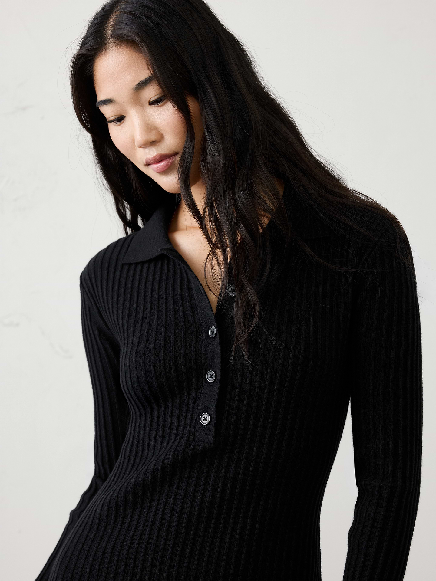 Image 3 of 6, Ribbed Polo Midi Sweater Dress
