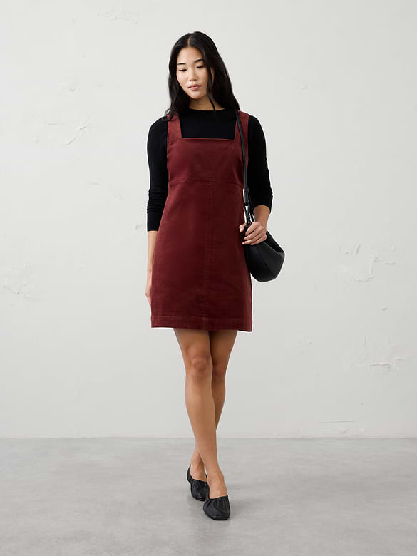 Corduroy Empire Square-Neck Mini Dress