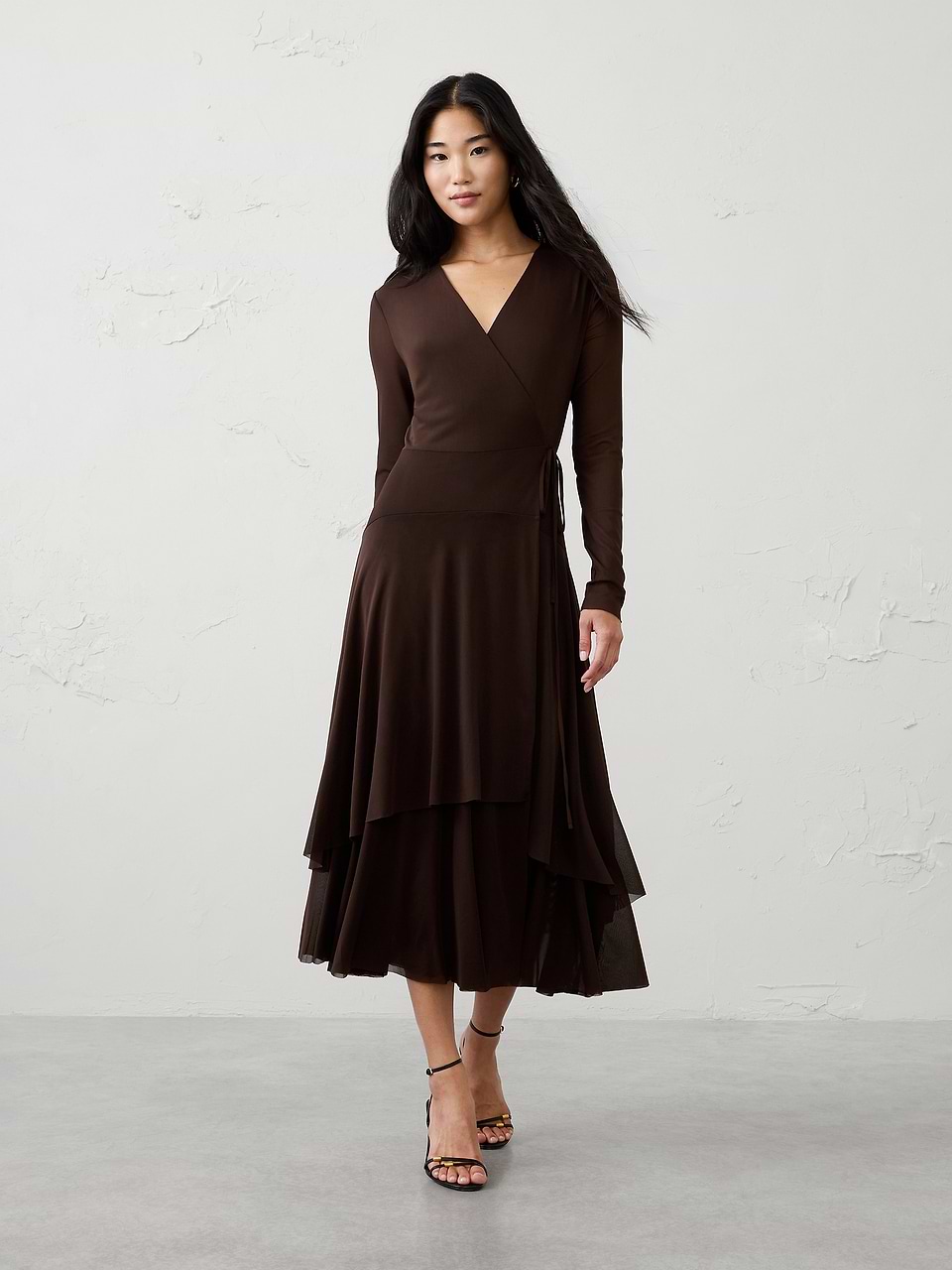 Mesh Tiered Wrap Maxi Dress