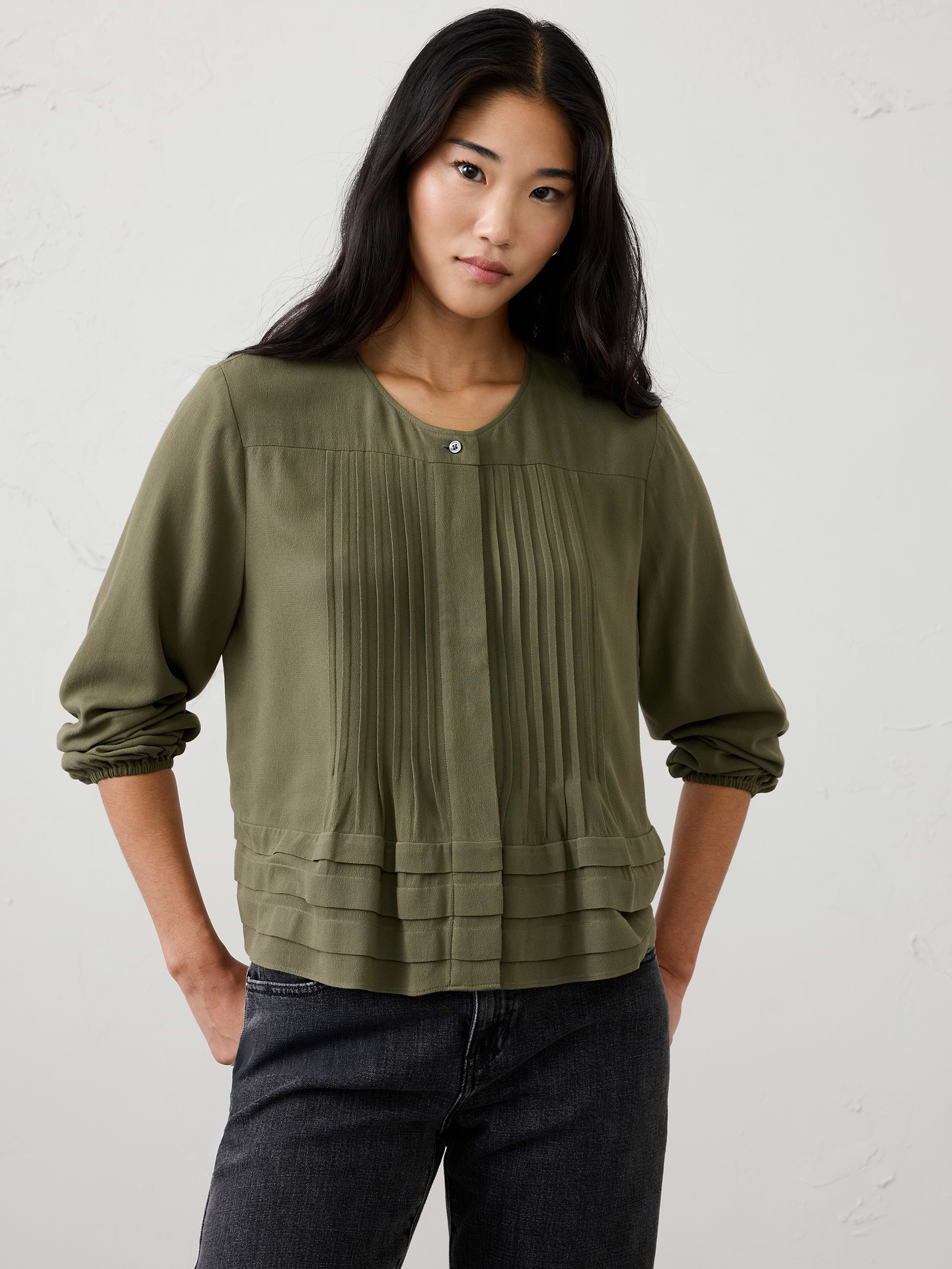 Image number 1 showing, Pleated Button-Front Swing Top