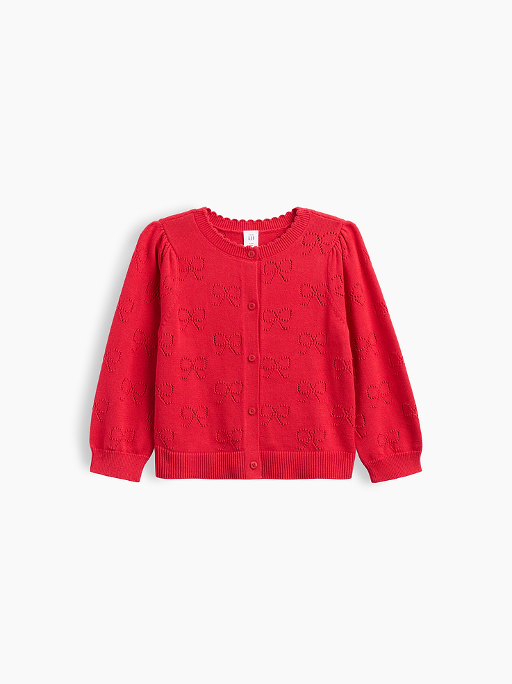 Image 1 of 3, Soft cotton knit with allover pointelle detailing., Long puff sleeves with ribbed cuffs., Ribbed crewneck, button front., Ribbed hem., Product #1177884