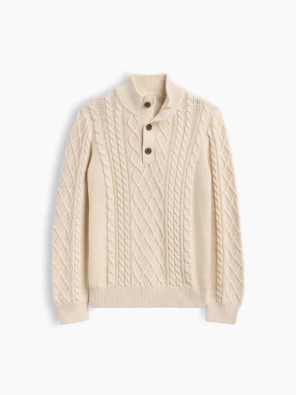 Kids Relaxed Cable-Knit Mockneck Henley Sweater