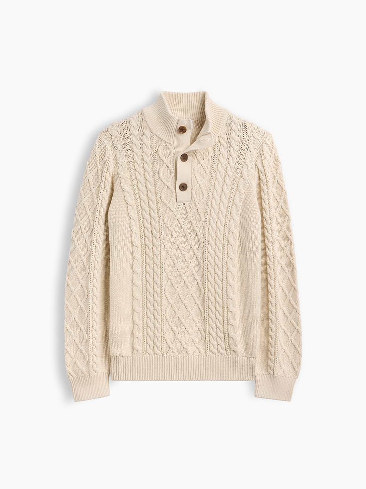Image 1 of 3, Soft cotton knit., Dropped shoulder, long sleeves with ribbed cuffs., Ribbed mockneck, henley button front., Ribbed hem., Product #1177052