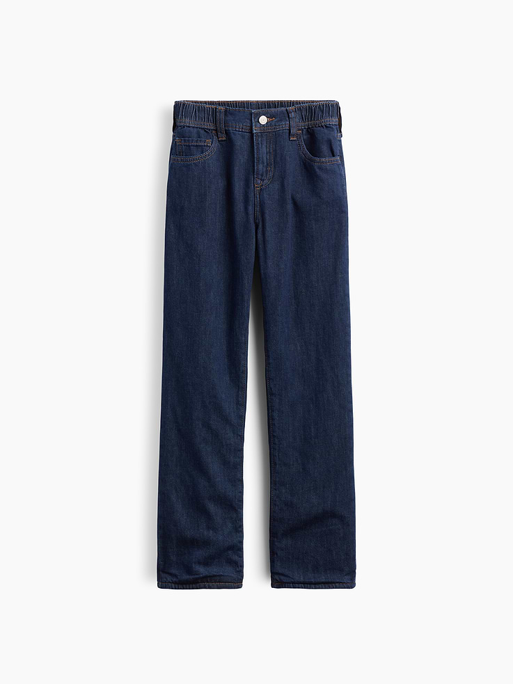 Image 1 of 3, This product is made with/contains 5% recycled cotton. Compared to virgin materials, using recycled materials helps reduce resource use and waste., This product is part of our water-saving Washwell program. Compared with conventional wash methods, Washwell uses at least 20% less water., Non-stretch denim with cozy interior lining., Dark indigo wash., Button at elasticized hybrid waist (sizes 4-8 have hook & bar closure beneath faux snap for easy on and off), zip fly., Classic five-pocket styling., Product #1184615