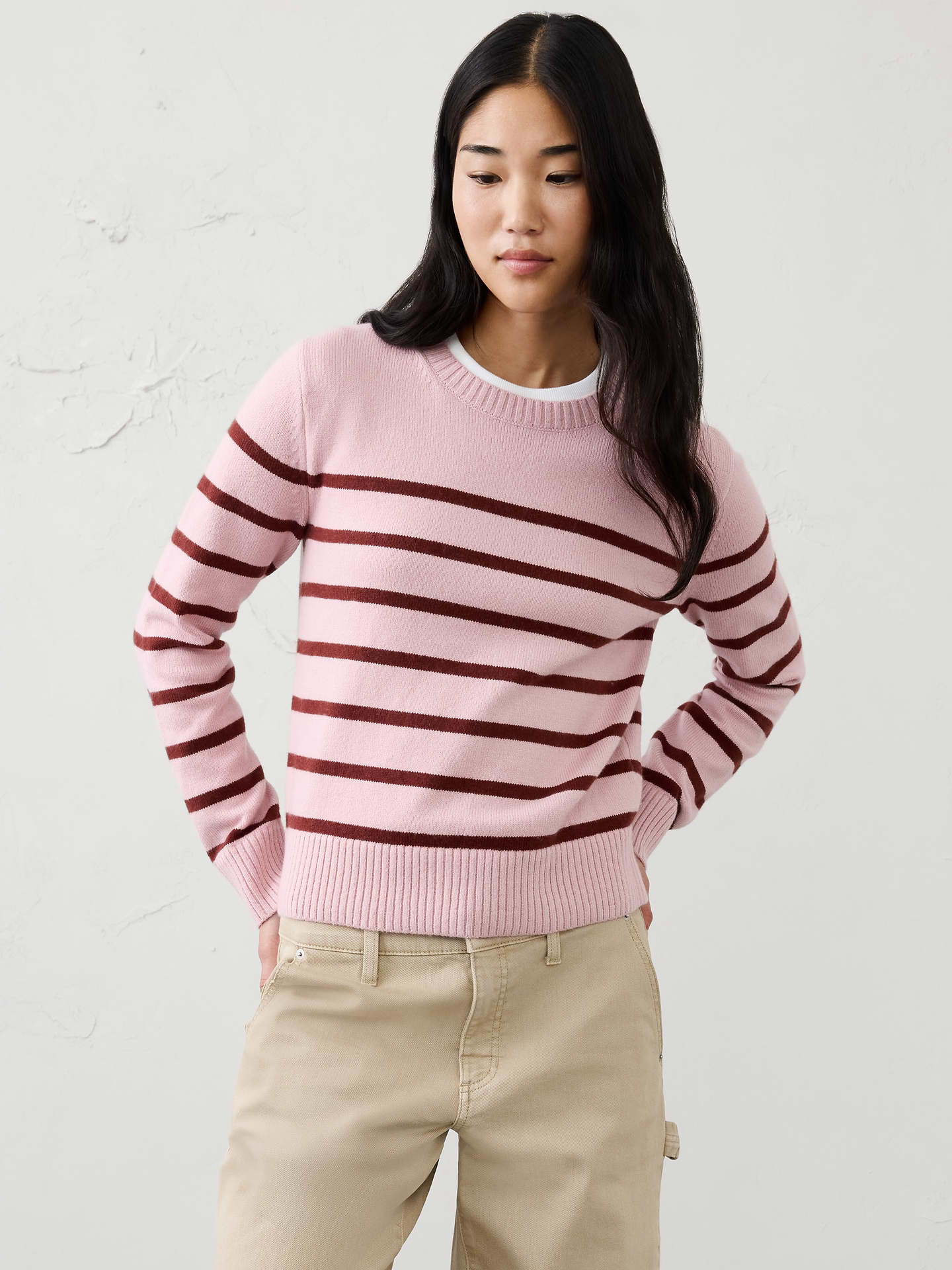 Image 1 of 8, Our sweater is knit from our signature Perfectly Soft yarn—a luxurious blend of cotton with a hint of wool, that feels as cozy as it looks., Crew neck. Long sleeves., Ribbed neck, arm cuffs and hem., Made exclusively for Banana Republic Factory., Product #1176451