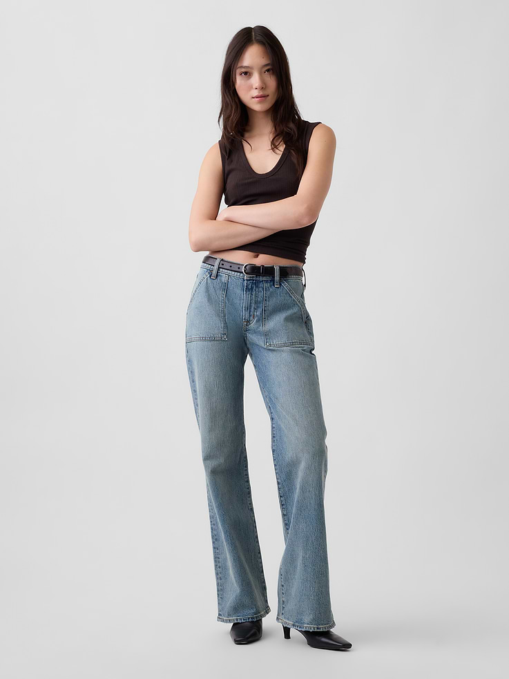Image 1 of 6, Fit: Fits close at the waist & hip with slight ease through the thigh & a relaxed flared leg.​, Fabric: 99% Cotton, 1% Stretch., Stretch: Low Stretch Jeans. Looks like vintage denim but feels like you've had them forever. ​Easy & comfortable with a little secret stretch., Rise: Mid Rise Jeans., Look: A relaxed flare jean in a medium wash., Details: Zip fly, front & back patch pockets., Responsibly Made: This jean is part of our water-saving Washwell program. Compared with conventional wash methods, Washwell uses at least 20% less water., Made with 94% Protocol cotton verified by the U.S. Cotton Trust Protocol, a program which works with farms committed to improving their environmental footprint by minimizing water usage and improving soil health (Claim No. 10127)., Made with 5% recycled cotton. Compared to virgin materials, using recycled materials helps reduce resource use and waste., This product was made in a factory that invests in gender equity and women’s empowerment through RISE. Learn more at gapinc.com/equity ., Product #1185268