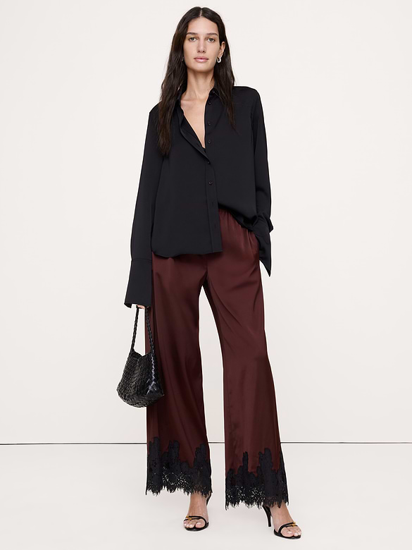 Stretch-Satin Lace-Trim Pull-On Pant