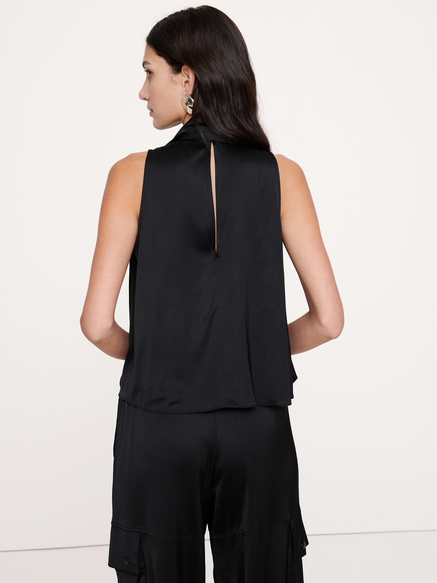 Image 3 of 8, Satin-Stretch Tie-Neck Top