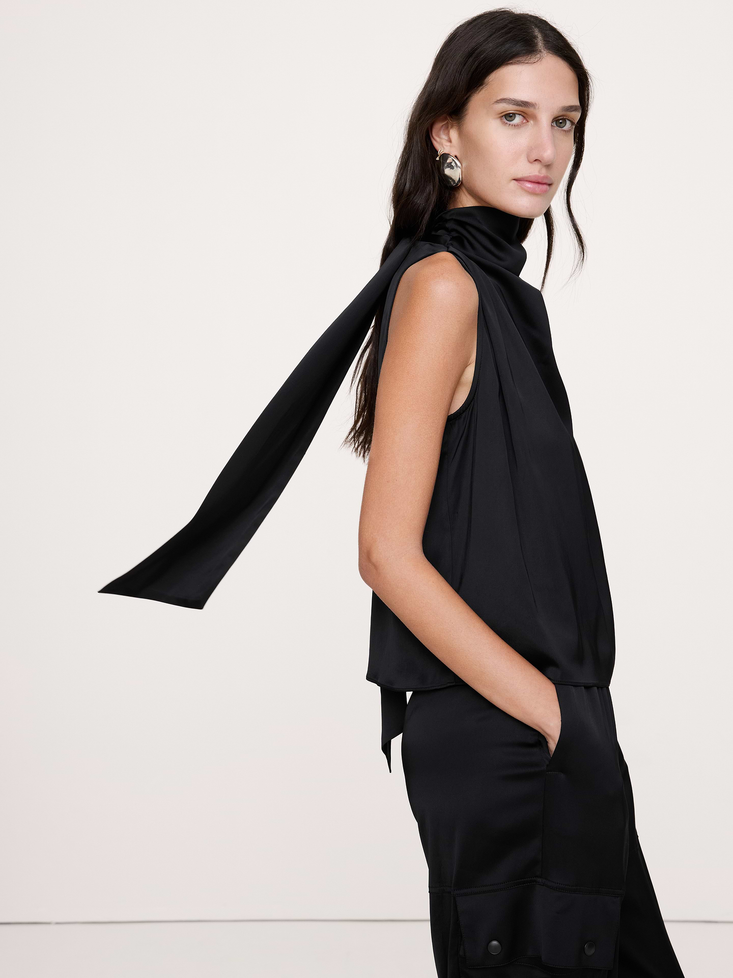 Image 4 of 8, Satin-Stretch Tie-Neck Top