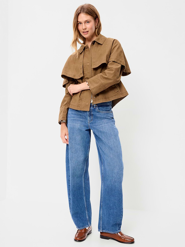 Image 1 of 6, spread collar, caped shoulders, full zip and snap closure, welt pockets, Product #1188713