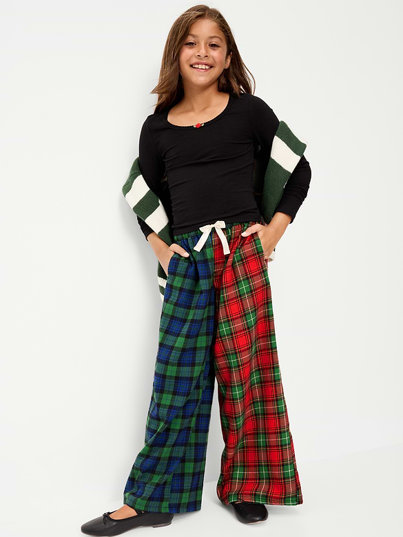 Pantalon jambe large à taille extensible en flanelle à carreaux pour fille