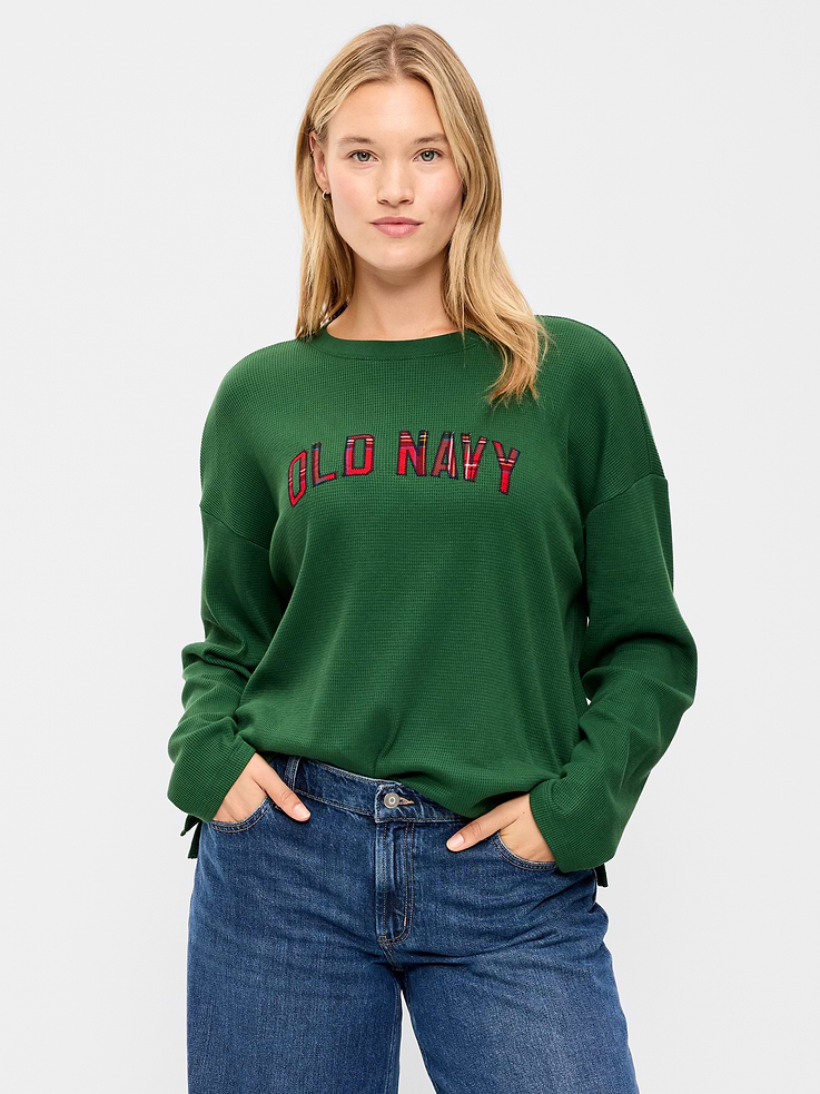 Image 4 of 7, Vintage Long-Sleeve Waffle Knit Crew-Neck T-Shirt
