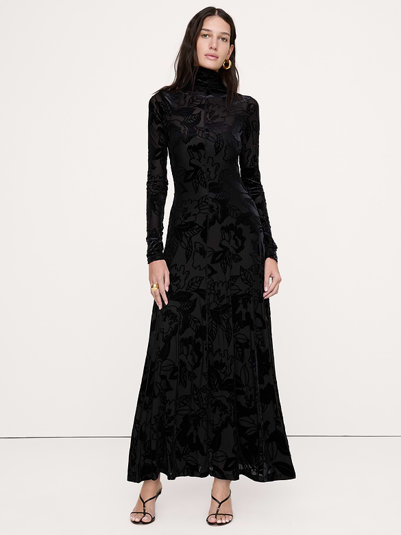 Burnout Velvet Mesh Turtleneck Maxi Dress