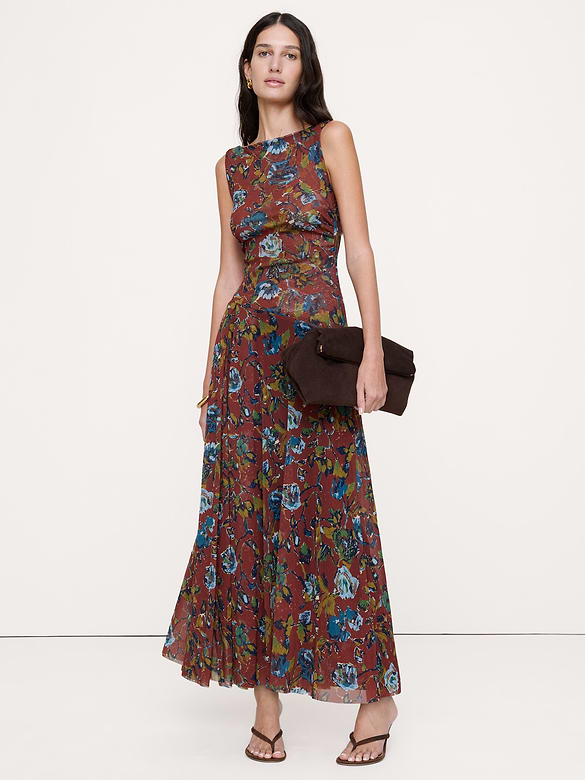 Mesh Boat-Neck Maxi Dress