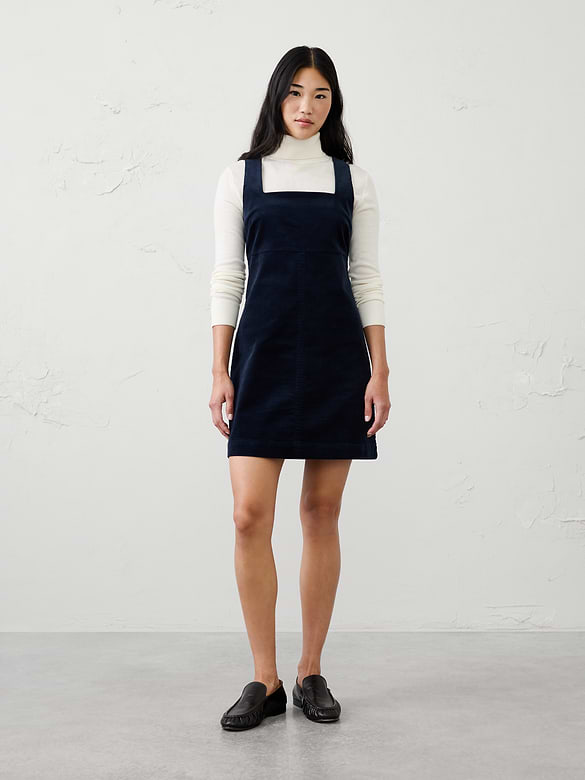 Corduroy Empire Square-Neck Mini Dress