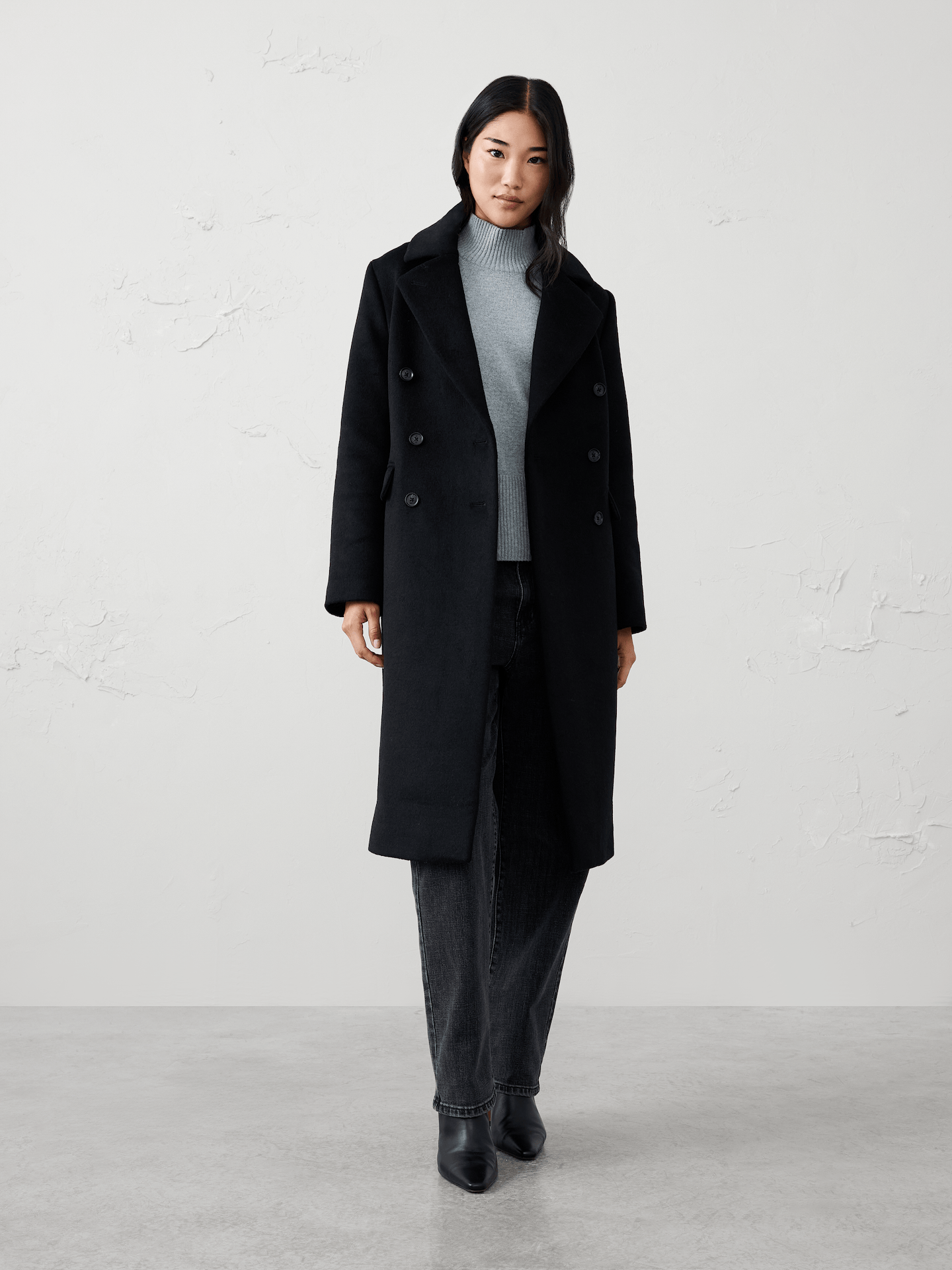 Image 1 of 7, Notched lapel collar. Long sleeves., Double‑breasted front closure., Front flap pockets., Center back vent., Straight silhouette., Fully lined., Made exclusively for Banana Republic Factory., Product #1176818
