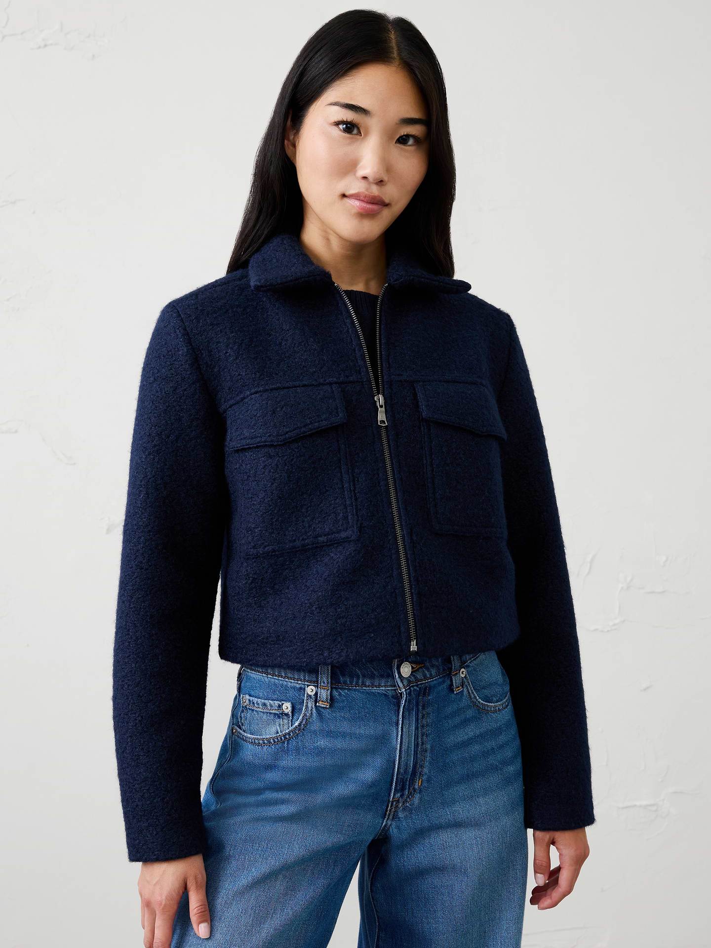Image 1 of 6, Stand collar. Long sleeves., Zipper front closure., Chest patch pockets., Front and back yokes., Made exclusively for Banana Republic Factory., Product #1178062