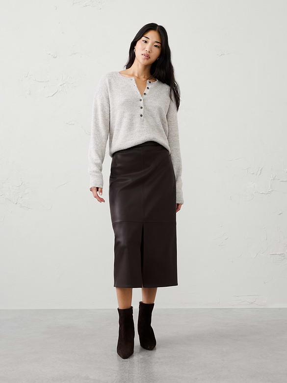 Vegan Leather Seamed Midi Skirt