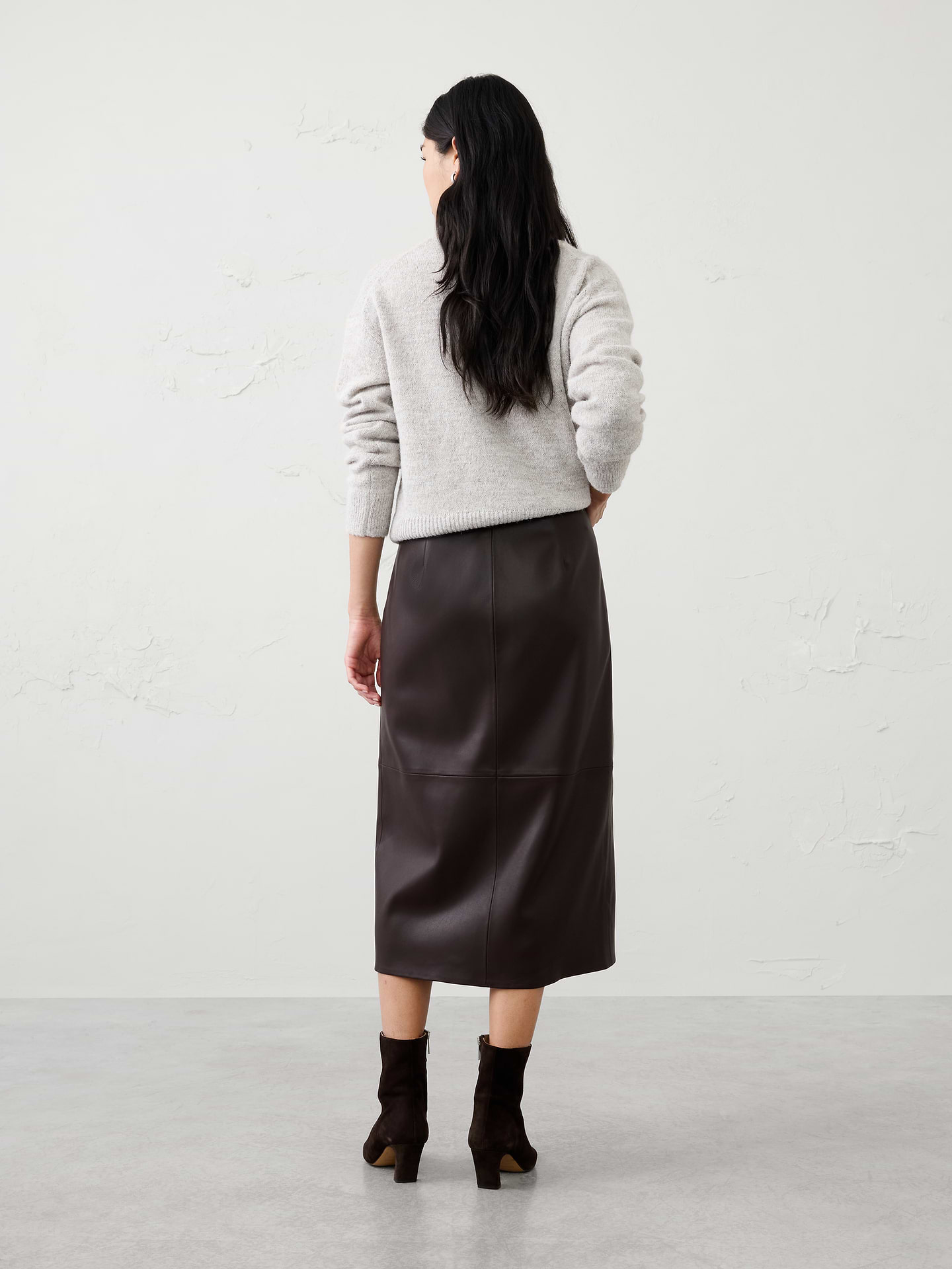 Image 2 of 7, Vegan Leather Seamed Midi Skirt