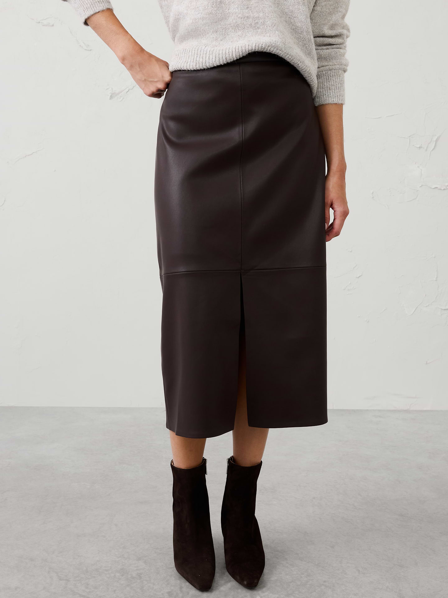 Image 3 of 7, Vegan Leather Seamed Midi Skirt