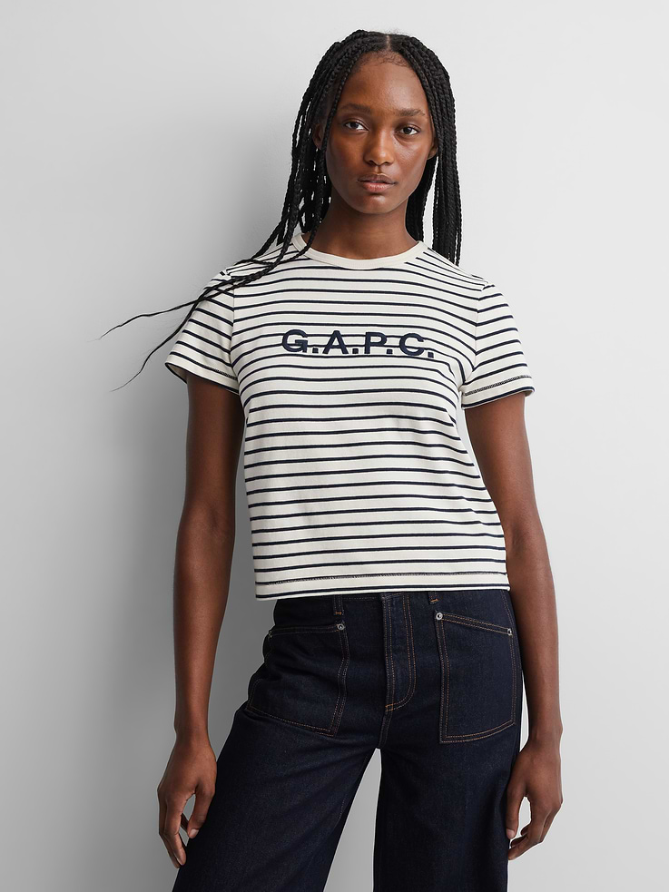 Image 1 of 6, Soft cotton T-shirt. In a slightly cropped fit., Crewneck., Short sleeves., Embroidered Gap × A.P.C. logo at front., Allover stripes., Product #1179761