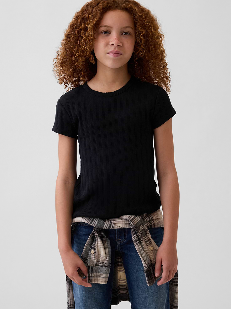 Image 1 of 4, Soft cotton pointelle-knit T-shirt., Crewneck with scalloped edging., Cap sleeves., Product #1183092