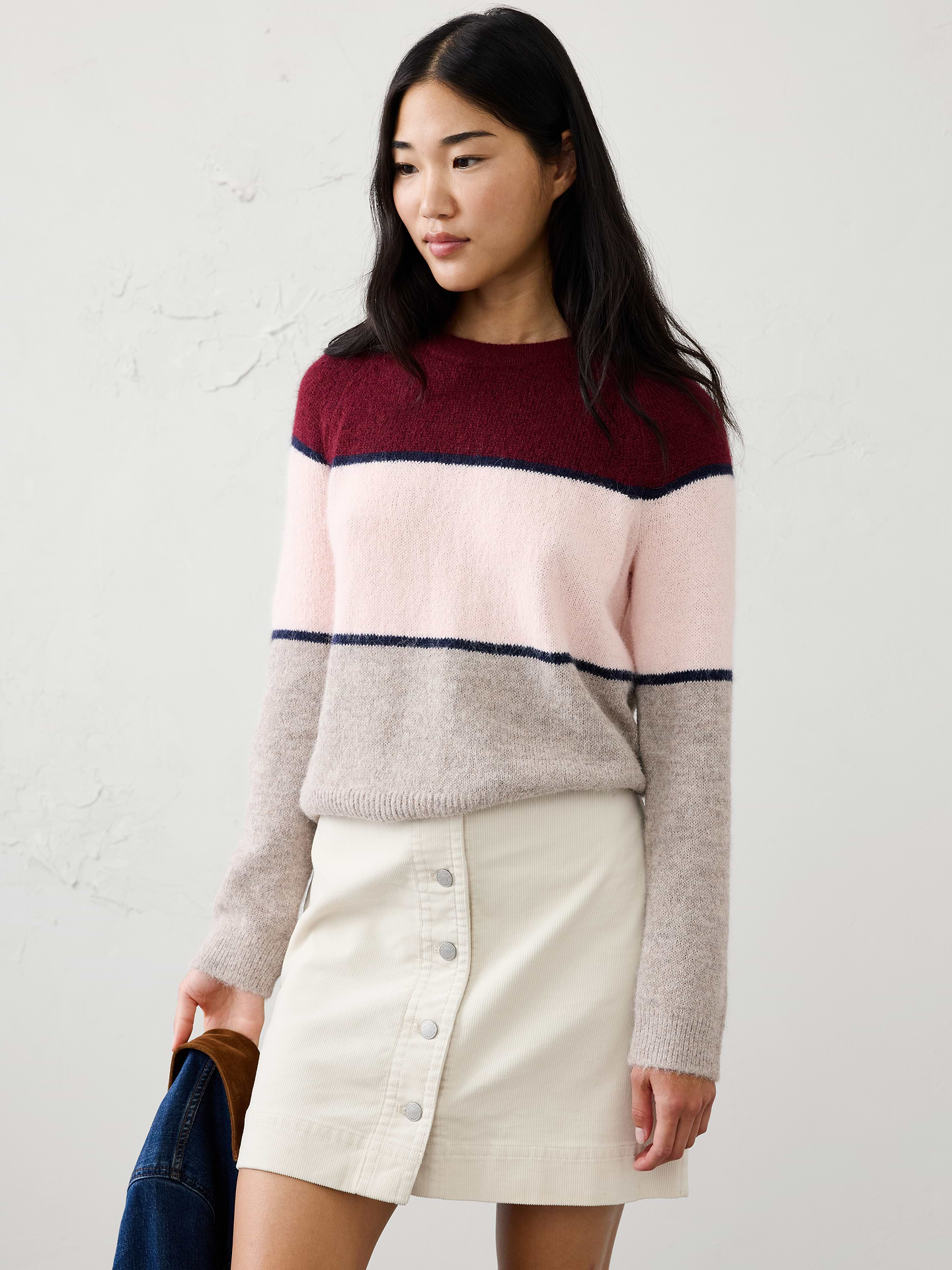Image 1 of 5, Crafted from a brushed yarn, this sweater has a soft, fuzzy texture that feels exceptionally plush against the skin. The brushed finish adds depth and dimension to the knit, creating a rich, elevated look with cozy appeal. Lightweight yet warm, it offers comfortable insulation without feeling heavy, making it an effortless choice for layering throughout the season., Crew neck. Long sleeves., Ribbed neckline, arm cuffs and hem., Made exclusively for Banana Republic Factory., Product #1177094