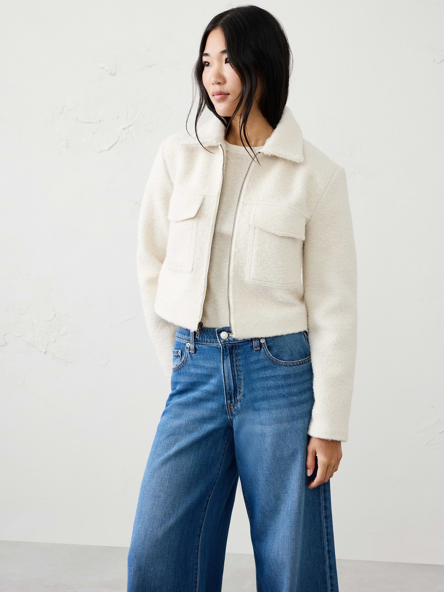Image 1 of 7, Stand collar. Long sleeves., Zipper front closure., Chest patch pockets., Front and back yokes., Made exclusively for Banana Republic Factory., Product #1178062
