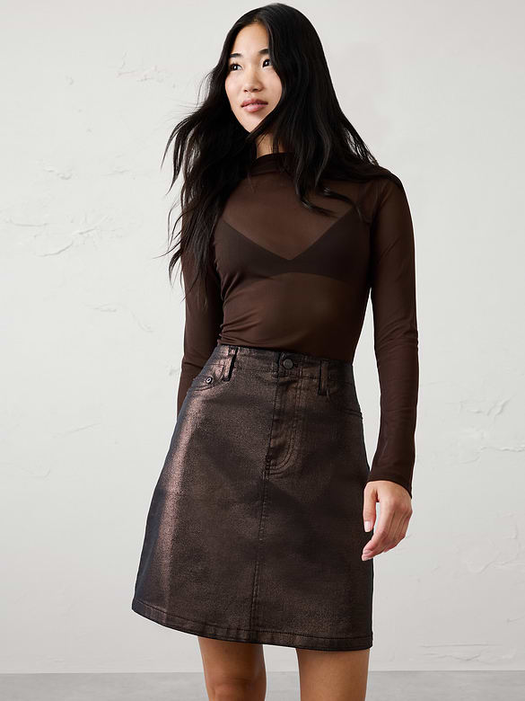 Metallic Coated Denim Hollywood Waist Mini Skirt