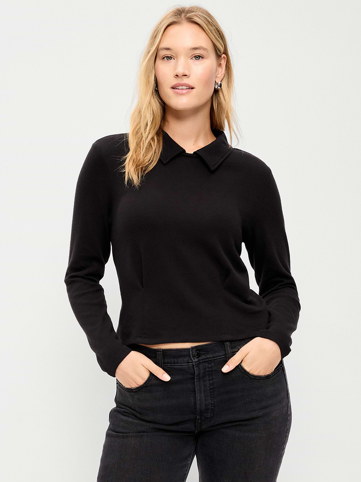 Image 2 of 5, Long-Sleeve Brushed-Jersey Polo Top