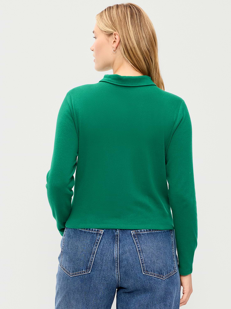 Image 4 of 4, Long-Sleeve Brushed-Jersey Polo Top