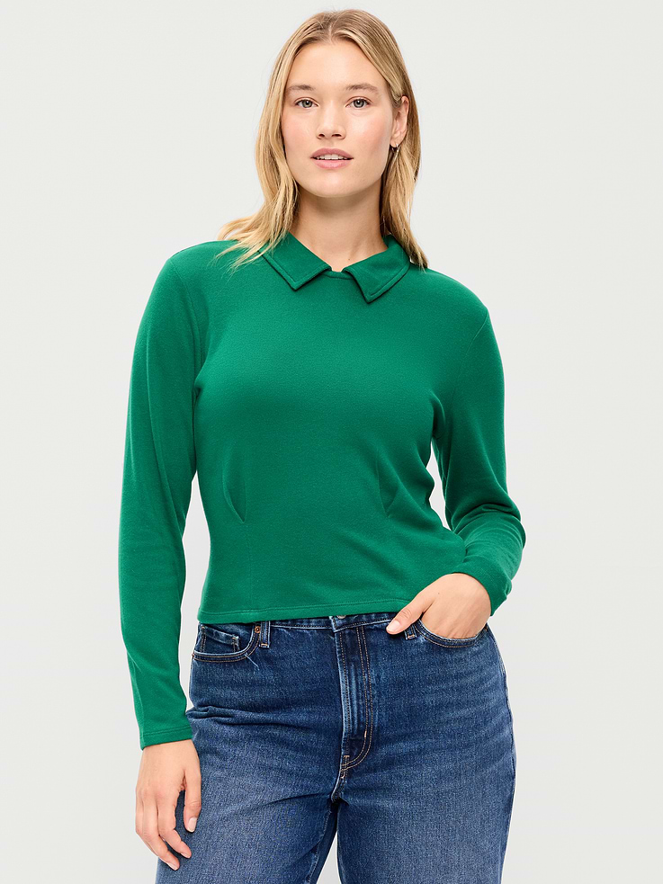 Image 3 of 4, Long-Sleeve Brushed-Jersey Polo Top