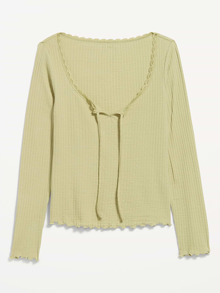 Image 2 of 4, Long-Sleeve Pointelle Knit Lace-Trim Top