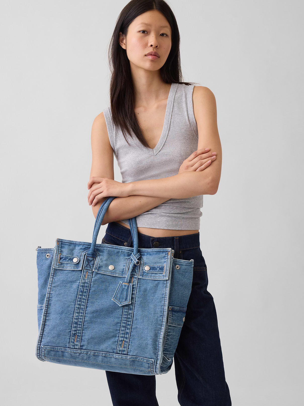 Image number 2 showing, Large Denim Five Pocket Tote