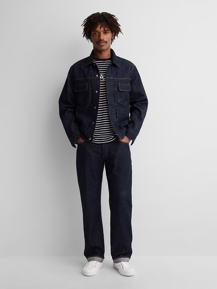 Image 1 of 10, Fit: Slightly relaxed through the hip & thigh with a straight leg., Fabric: 13 oz (369 g) denim in 100% cotton., Stretch: Rigid Jeans. Authentic, non-stretch denim that gets better with every wear. Made to wear all day & break in over time. ​, Look: A five-pocket jean in a rinse wash., Details: Logo button fly, five-pocket styling, printed pocket bags, logo rivets & logo leather patch at back., Responsibly Made: This product is part of our water-saving Washwell program. Compared with conventional wash methods, Washwell uses at least 20% less water., Product #1179802