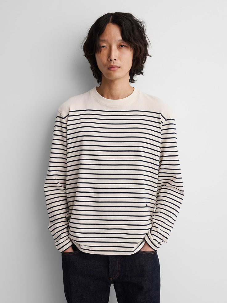 Image 1 of 8, Soft cotton T-shirt. In a relaxed fit., Crewneck., Long sleeves., Embroidered Gap × A.P.C. logo., Allover stripes., Product #1179808