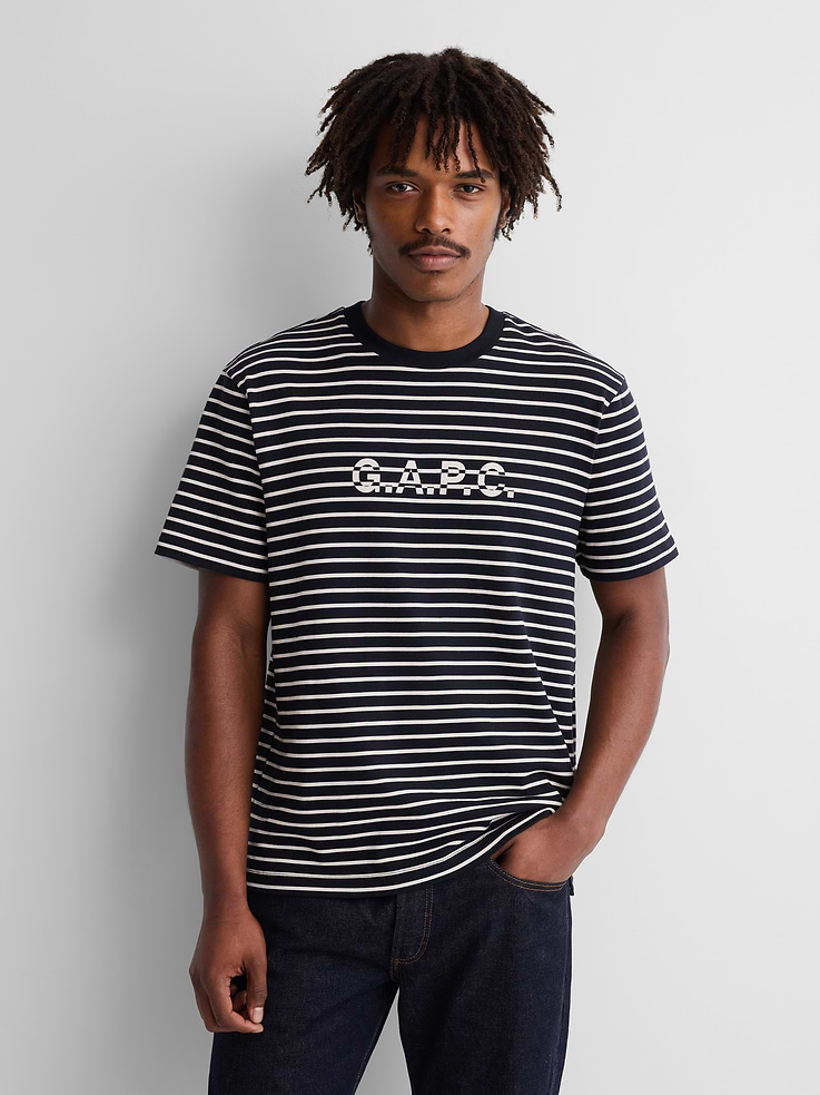 Image 1 of 8, Soft cotton T-shirt. In a relaxed fit., Crewneck., Short sleeves., Gap × A.P.C. logo at chest., Allover stripes., Product #1179806