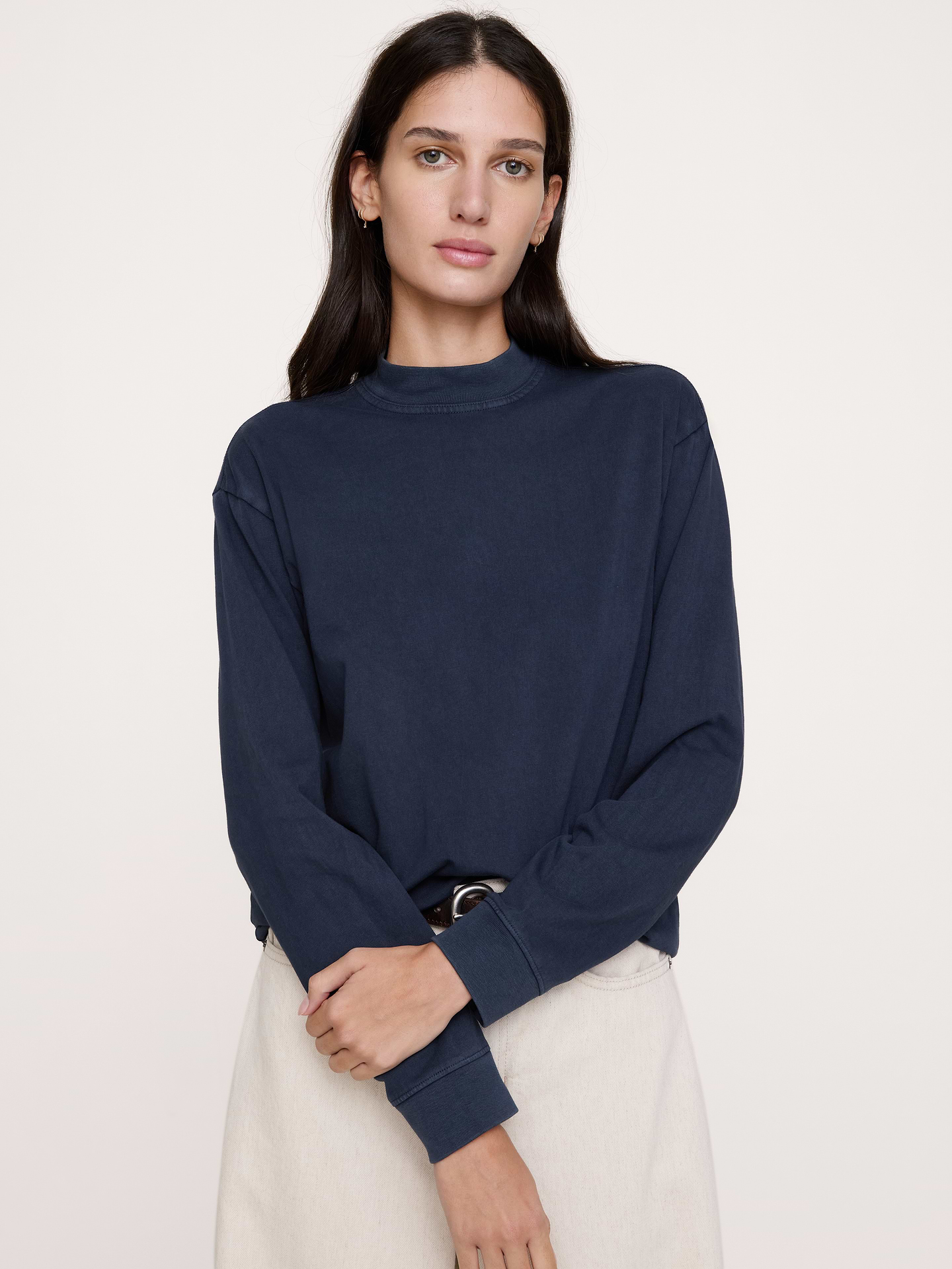 Image 1 of 3, One of our best tees to date, we cut this long-sleeve version in an extra roomy fit. Crafted in a midweight cotton we love for its vintage-like softness., Oversized Fit: Extra room through chest, shoulders, and waist. Dropped shoulder seam., Mock neck., Straight hem., Product #1180981
