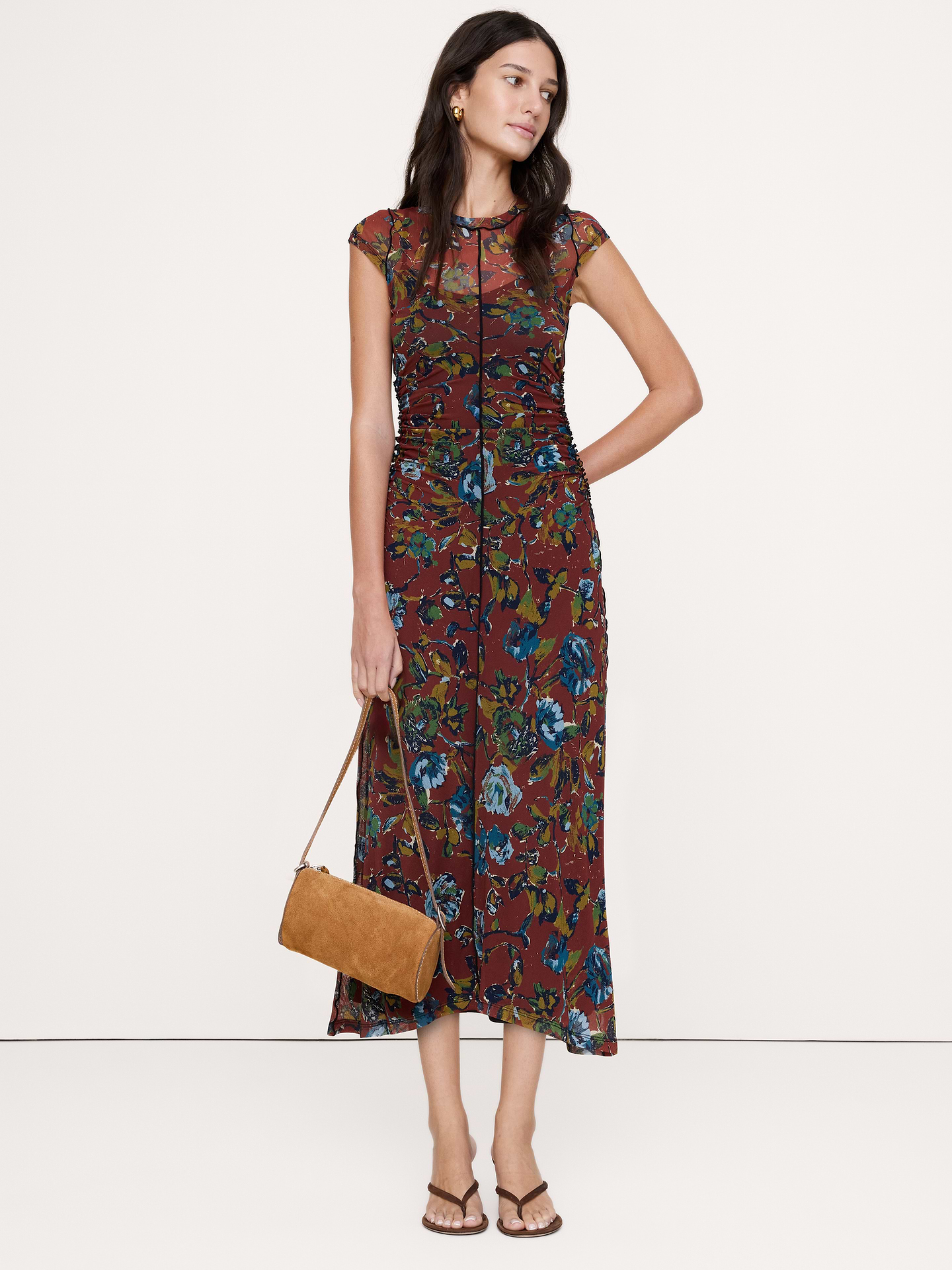 Image 1 of 7, It's a party—and this fitted midi dress with a high neckline and delicate ruching is already dressed for it. We even add a bra keeper so your straps stay put when you dance., Sheath Fit: Sits close to the body with a straight skirt., High crew neck., Adjustable straps., Slip lining., Product #1199183