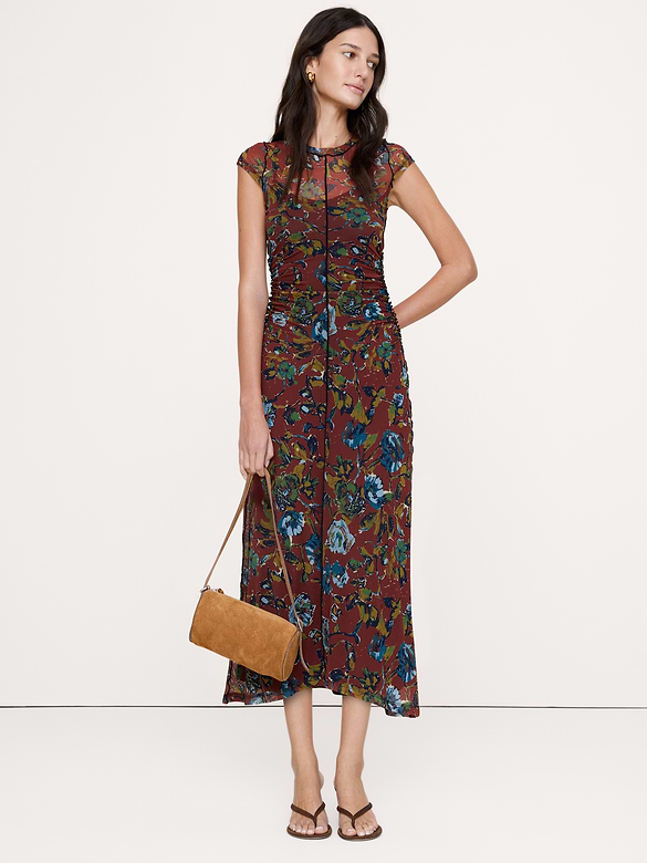 Ruched Mesh Short-Sleeve Midi Dress