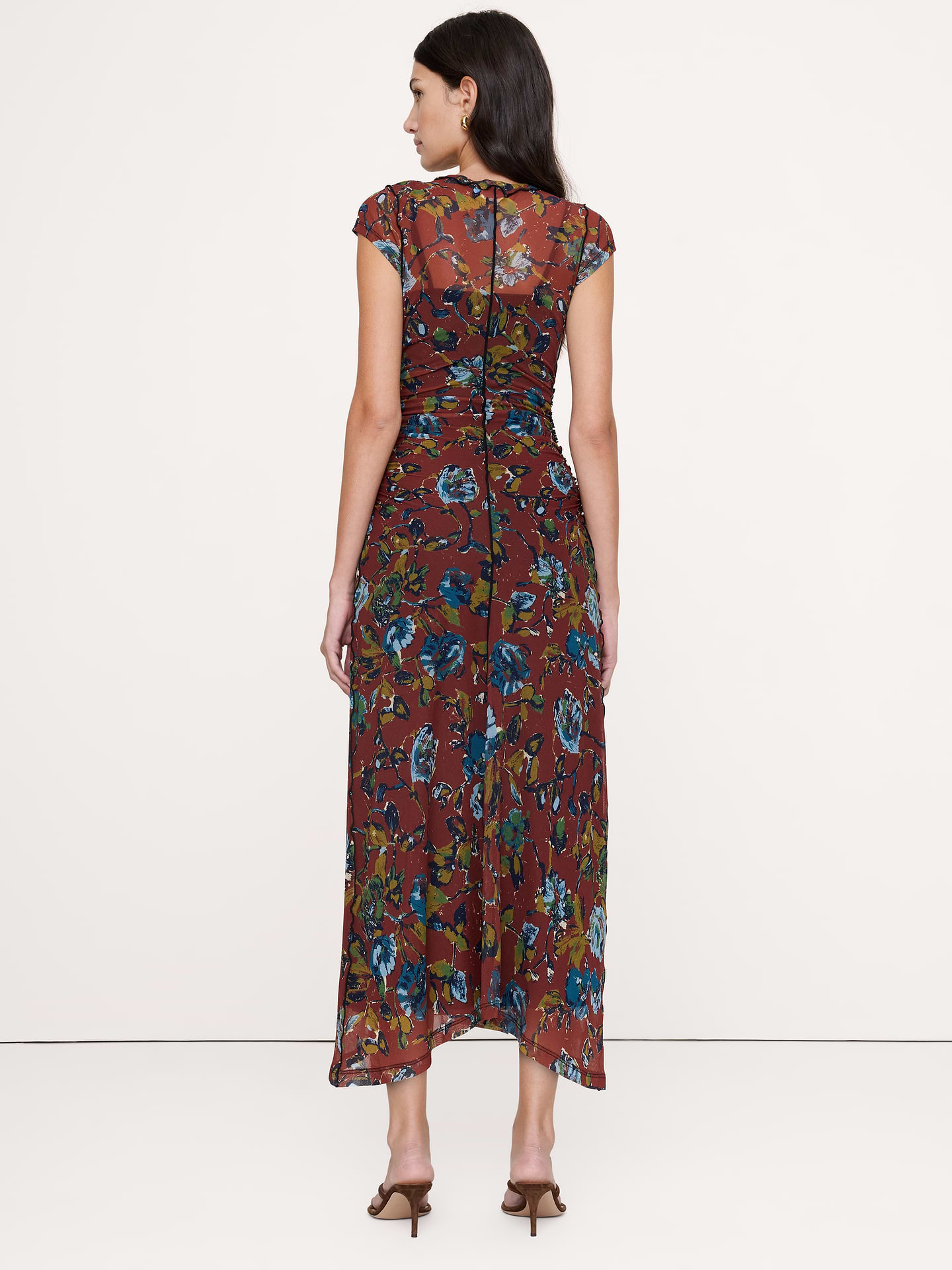 Image 3 of 7, Ruched Mesh Short-Sleeve Midi Dress